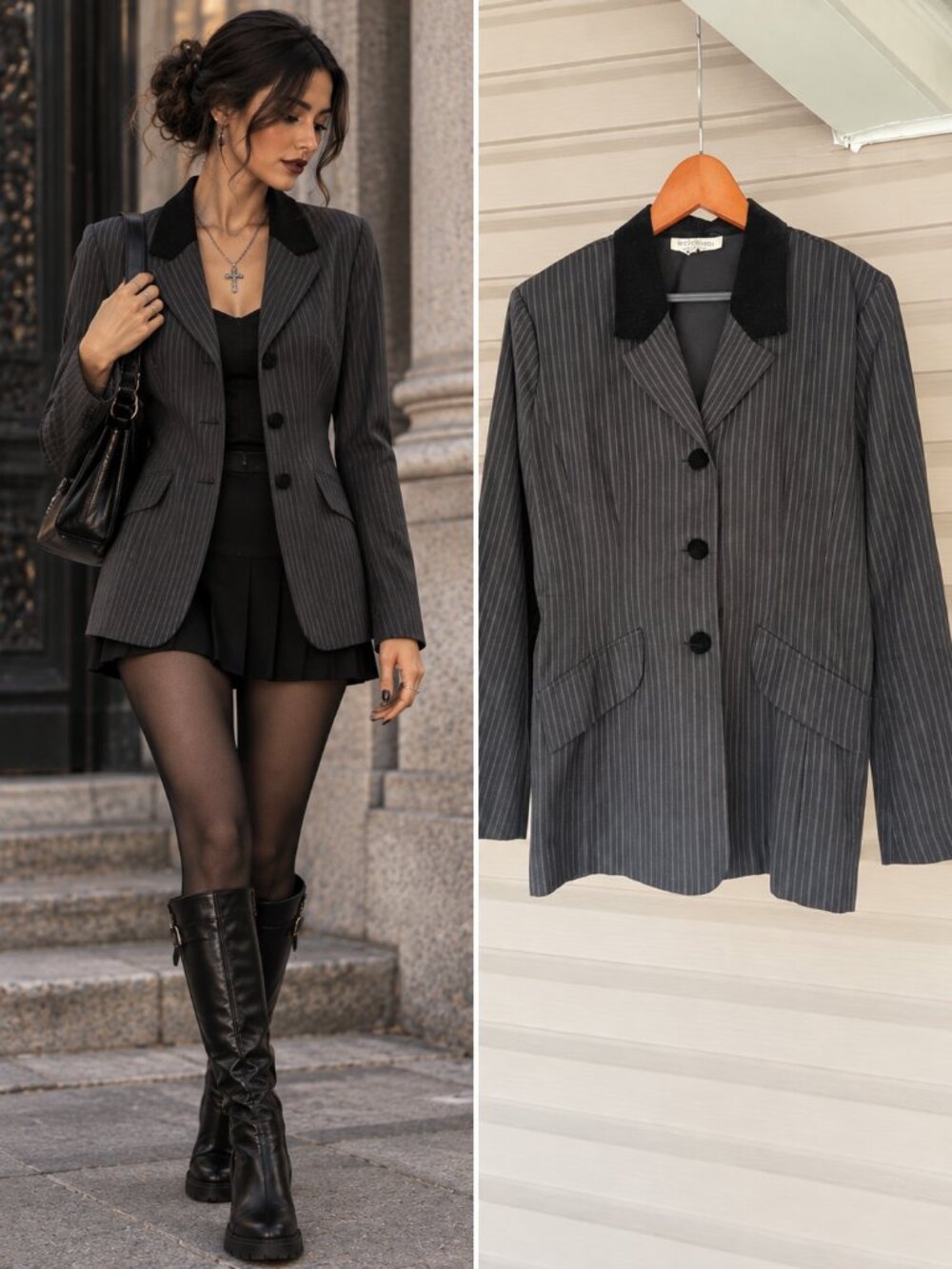 Le Chateau Black Pinstripe Vintage Blazer Tailored Tie Back Dark Academia L